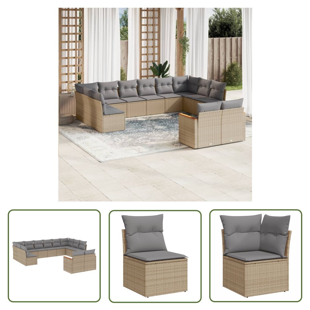 The Living Store 12-cz. zestaw mebli ogrodowych z poduszkami - mieszany beż - Sofa Ogrodowa