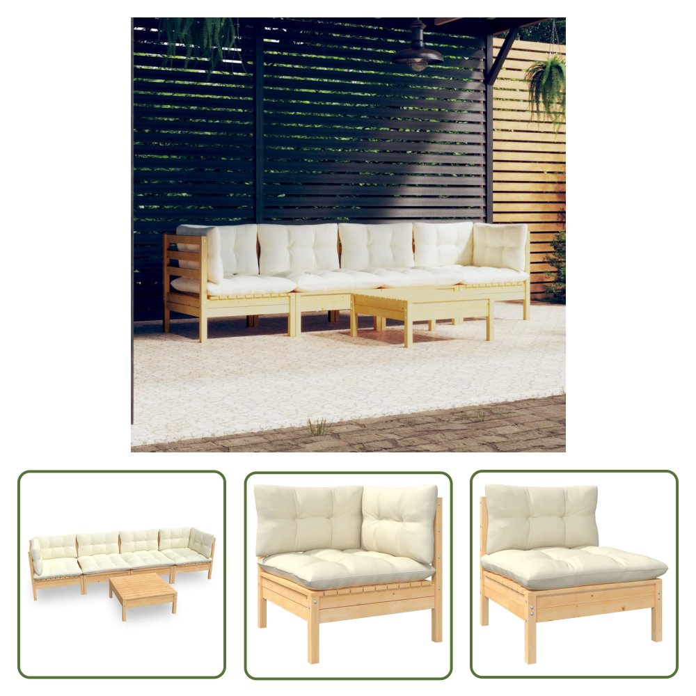 The Living Store 5-cz. zestaw wypoczynkowy do ogrodu - kremowe poduszki - sosnowy - Zestaw Wypoczynkowy Do Ogrodu