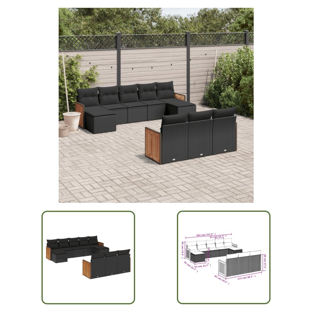 The Living Store 10-cz. zestaw wypoczynkowy do ogrodu - poduszki czarny rattan PE - Sofa Ogrodowa