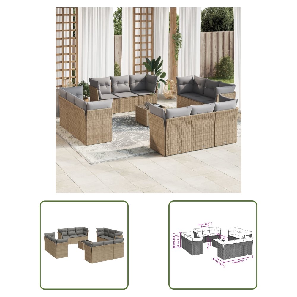 The Living Store 13-cz. zestaw mebli ogrodowych z poduszkami - beżowy - polirattan - Sofa Ogrodowa