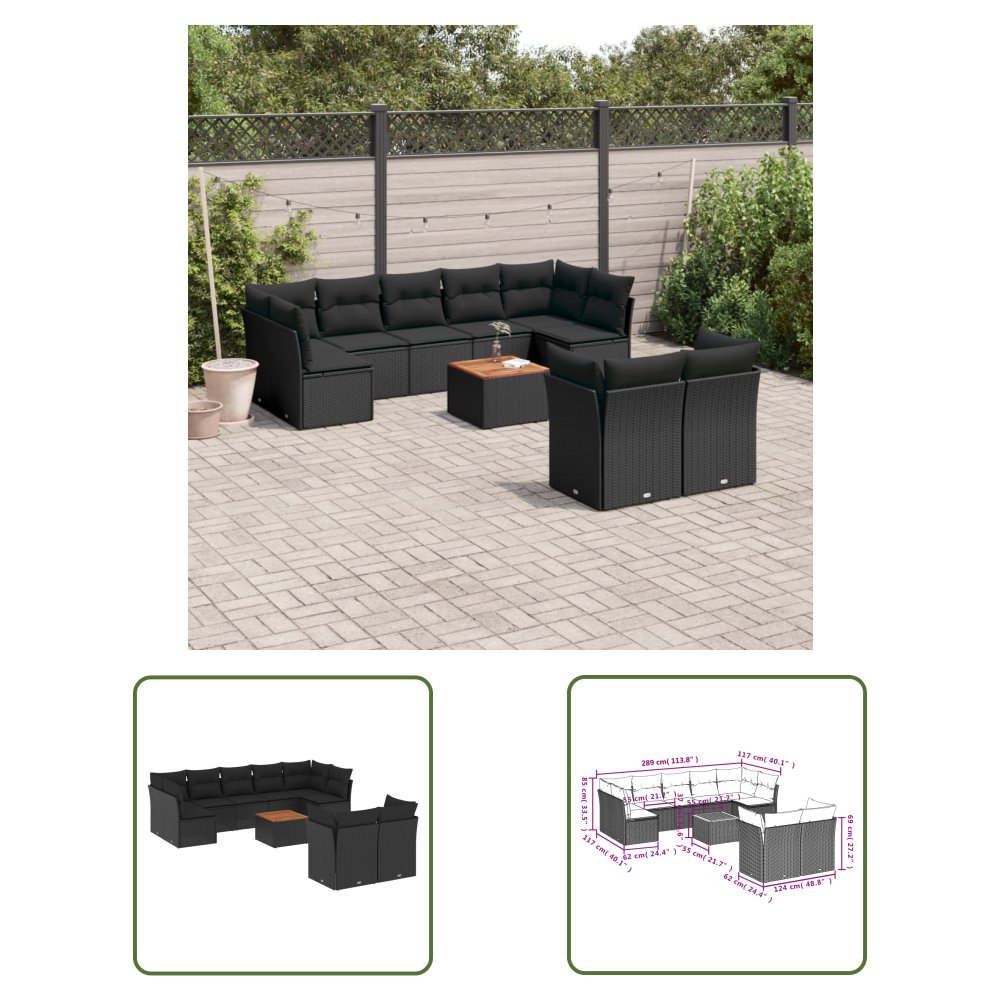 The Living Store 10-cz. zestaw wypoczynkowy do ogrodu - poduszki czarny rattan PE - Sofa Ogrodowa