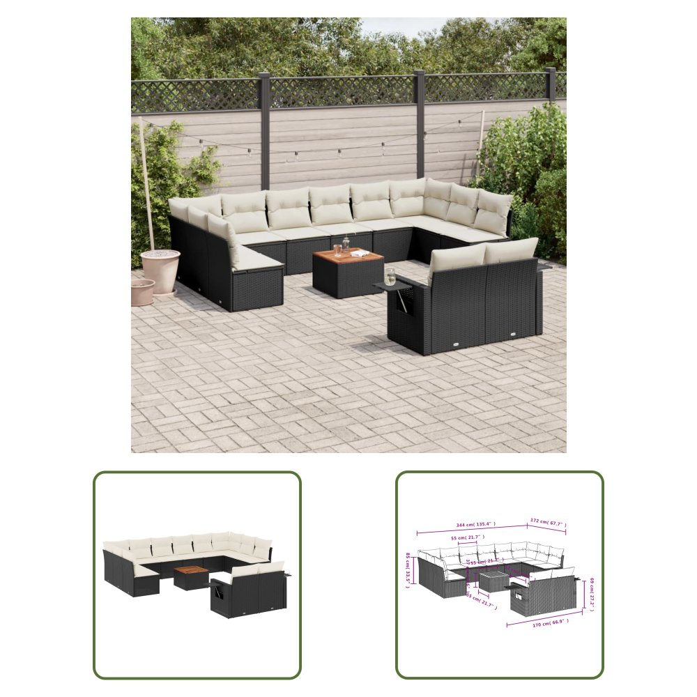 The Living Store 13-cz. zestaw mebli do ogrodu - poduszki - czarny - rattan PE - Sofa Ogrodowa