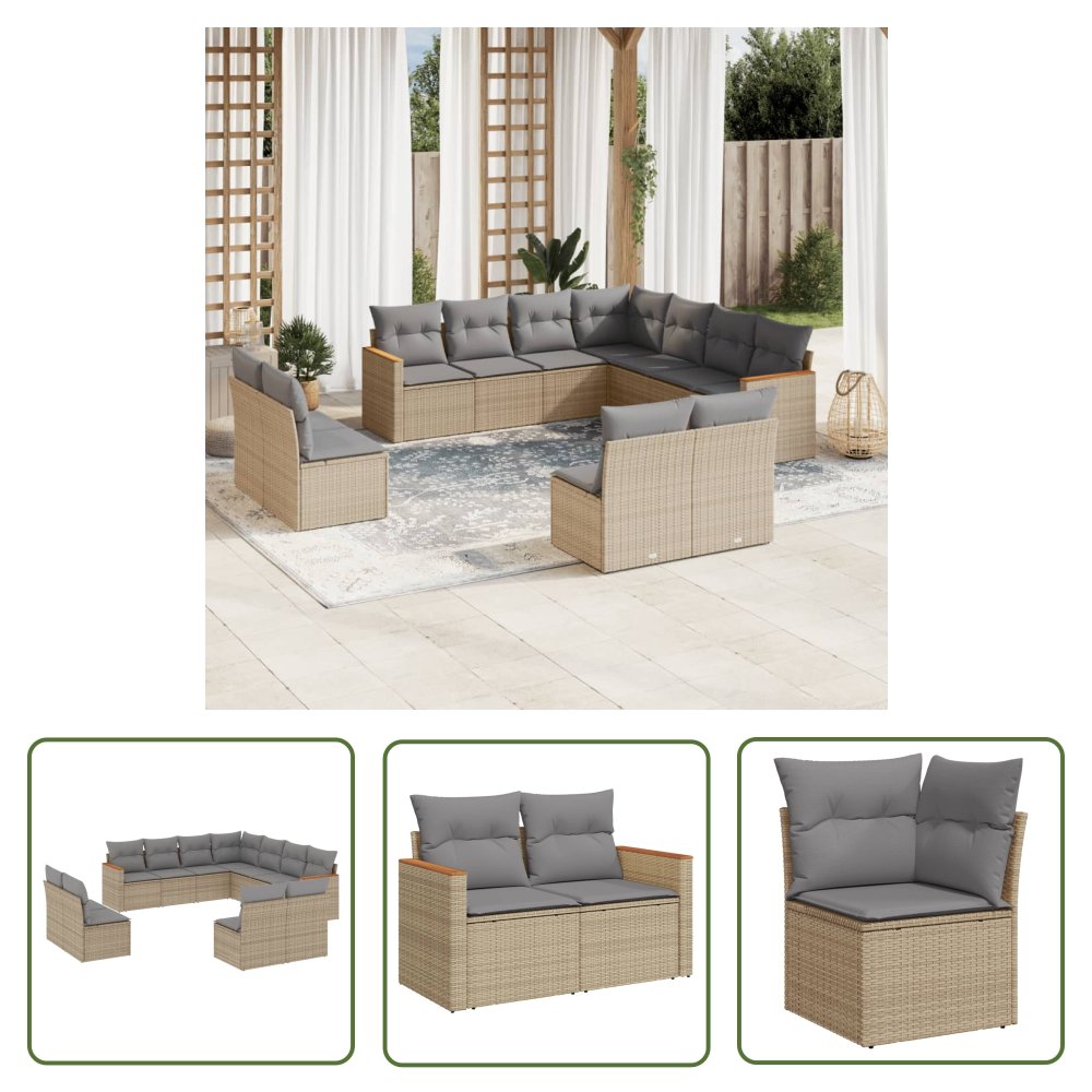 The Living Store 11-cz. zestaw mebli ogrodowych z poduszkami - mieszany beż - Sofa Ogrodowa