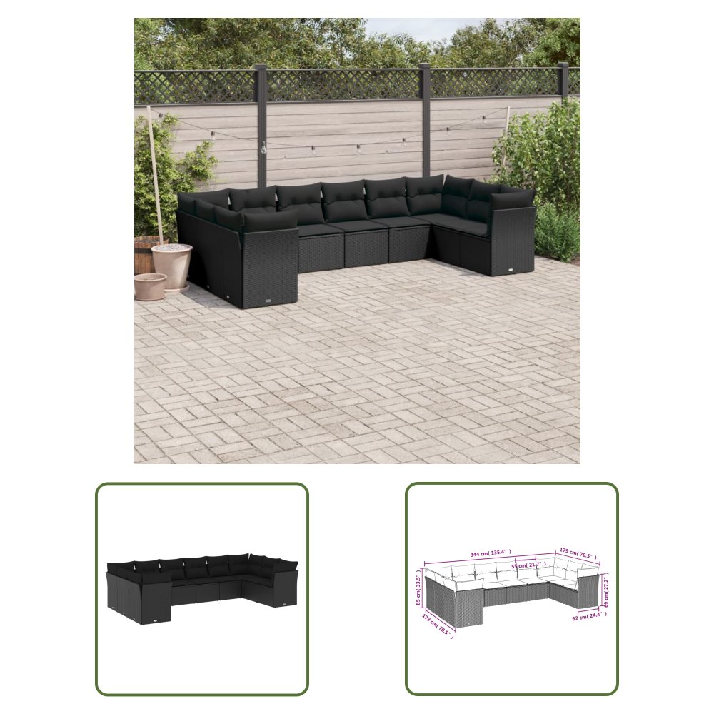 The Living Store 10-cz. zestaw wypoczynkowy do ogrodu - poduszki czarny rattan PE - Sofa Ogrodowa