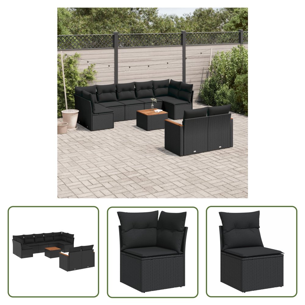 The Living Store 10-cz. zestaw wypoczynkowy do ogrodu - poduszki czarny rattan PE - Sofa Ogrodowa
