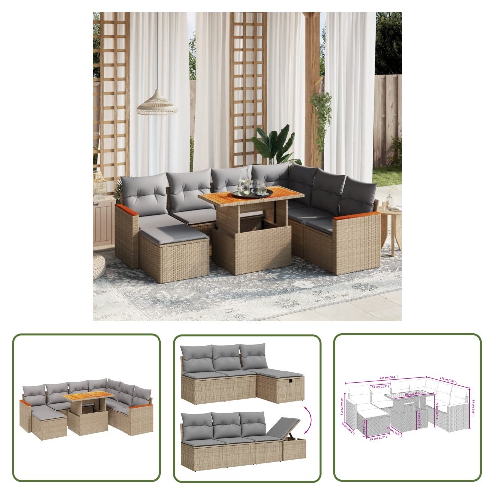 The Living Store 8-cz. zestaw mebli ogrodowych z poduszkami - beżowy - polirattan - Sofa Ogrodowa