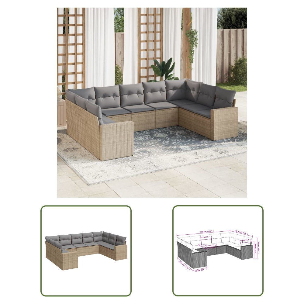 The Living Store 9-cz. zestaw mebli ogrodowych z poduszkami - beżowy - polirattan - Sofa Ogrodowa