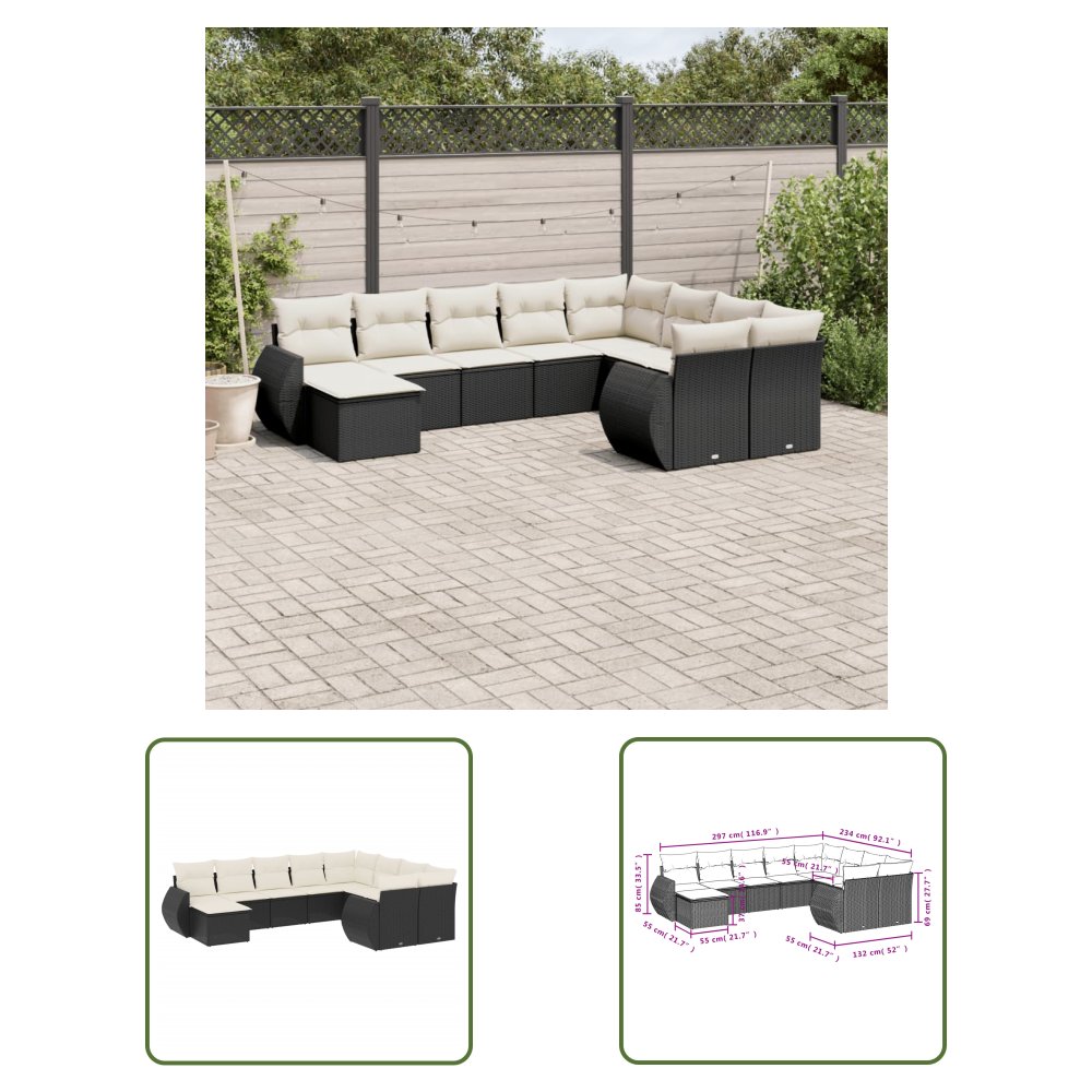 The Living Store 10-cz. zestaw wypoczynkowy do ogrodu - poduszki czarny rattan PE - Sofa Ogrodowa