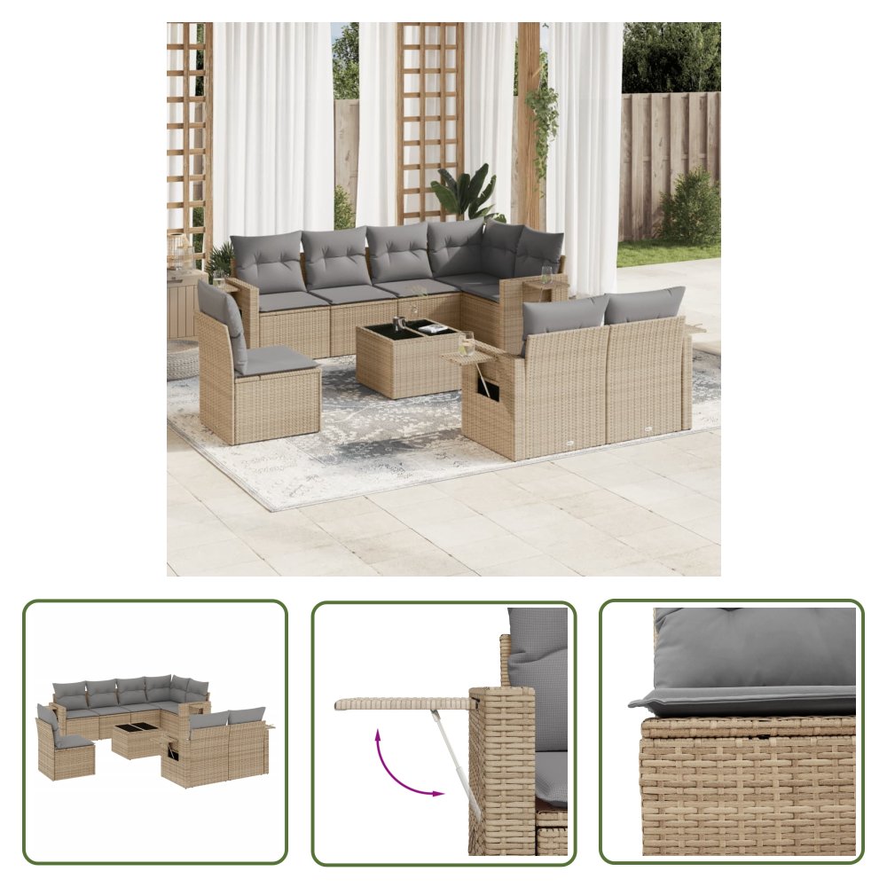 The Living Store 9-cz. zestaw mebli ogrodowych z poduszkami - beżowy - polirattan - Sofa Ogrodowa