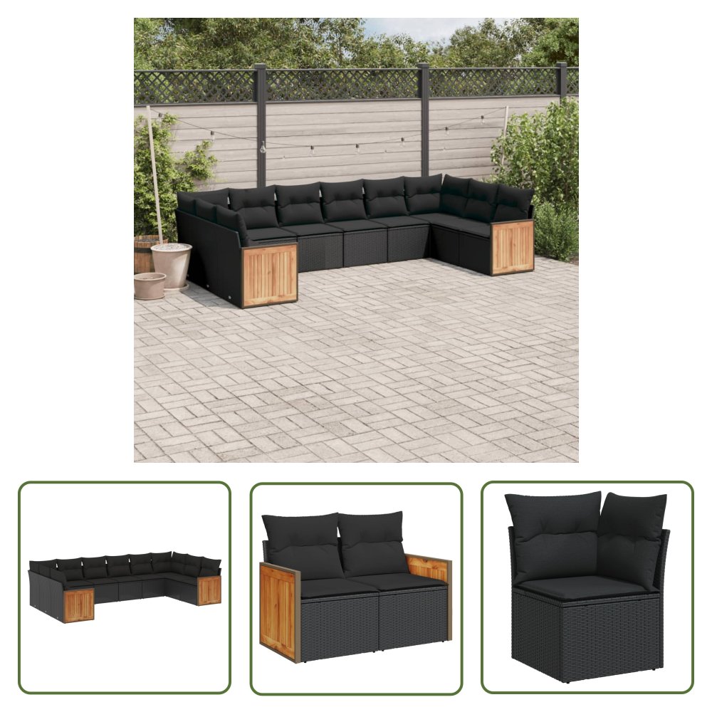 The Living Store 10-cz. zestaw wypoczynkowy do ogrodu - poduszki czarny rattan PE - Sofa Ogrodowa