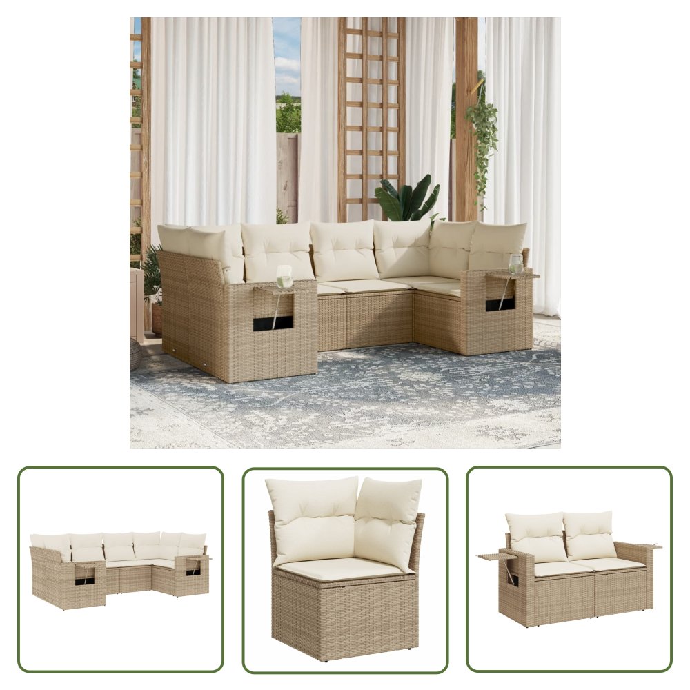 The Living Store 6-cz. zestaw mebli ogrodowych z poduszkami - beżowy - polirattan - Sofa Ogrodowa
