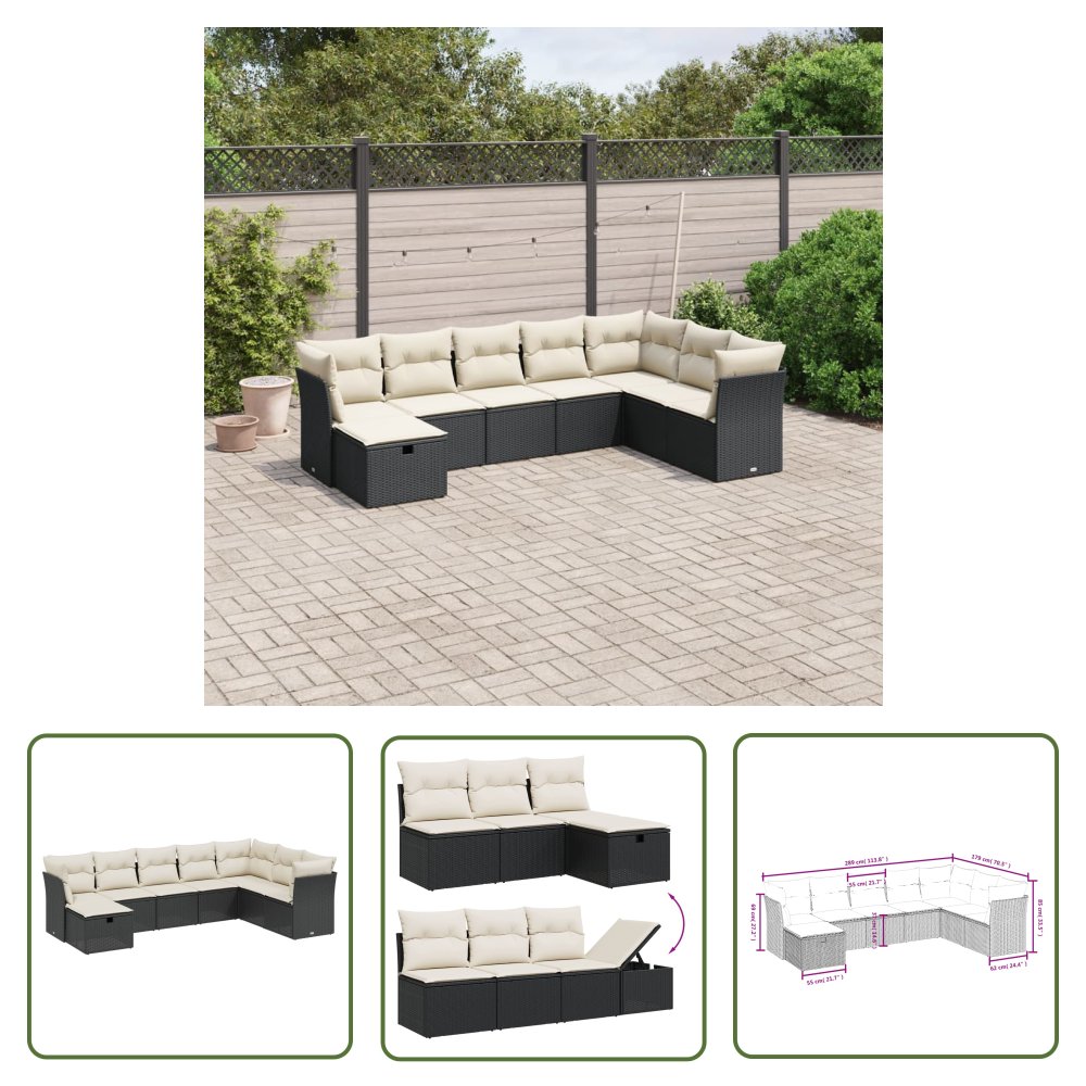The Living Store 8-cz. zestaw wypoczynkowy do ogrodu - z poduszkami - czarny - Sofa Ogrodowa