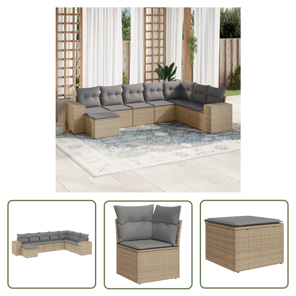 The Living Store 8-cz. zestaw mebli ogrodowych z poduszkami - beżowy - polirattan - Sofa Ogrodowa