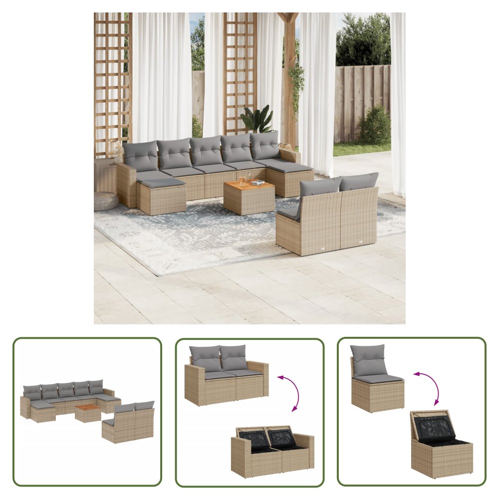 The Living Store 10-cz. zestaw mebli ogrodowych z poduszkami - mieszany beż - Sofa Ogrodowa