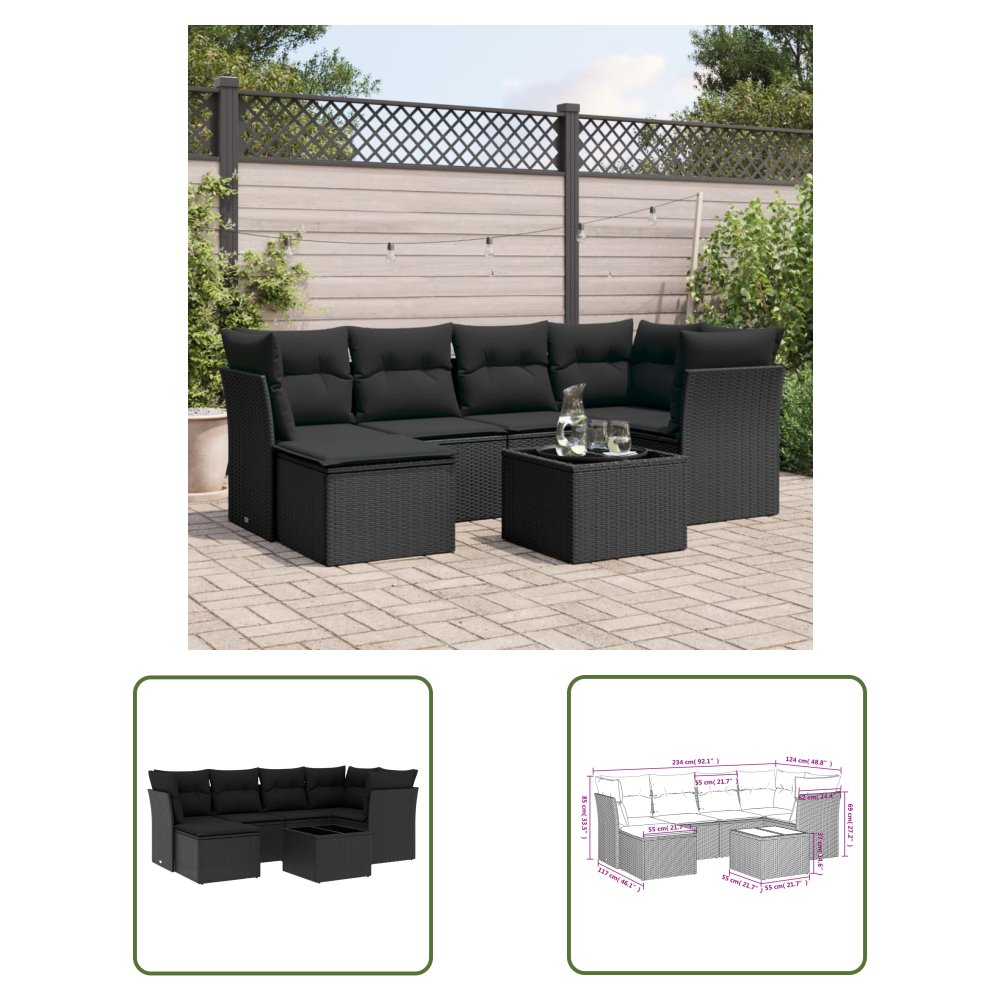 The Living Store 7-cz. zestaw wypoczynkowy do ogrodu - z poduszkami - czarny - Sofa Ogrodowa