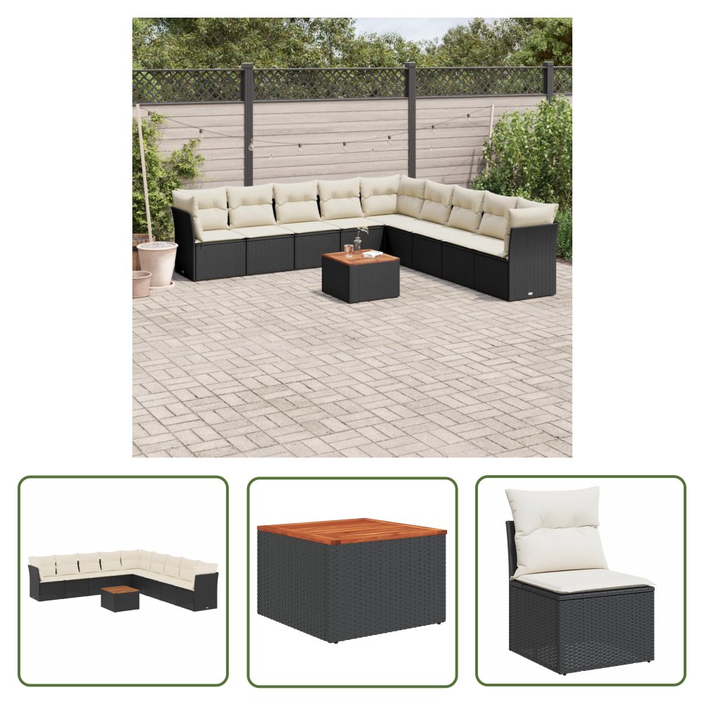 The Living Store 10-cz. zestaw wypoczynkowy do ogrodu - poduszki czarny rattan PE - Sofa Ogrodowa