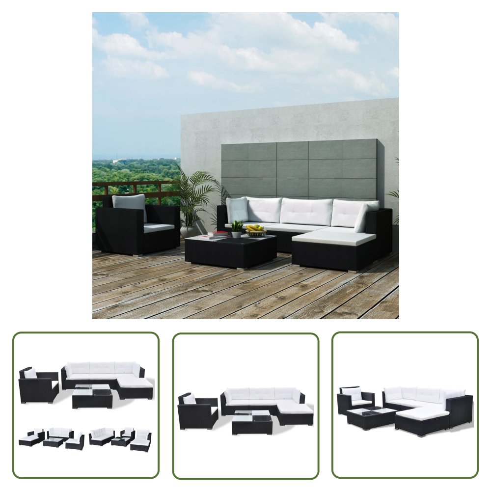The Living Store 6-cz. zestaw wypoczynkowy do ogrodu - poduszki - rattan PE czarny - Sofa Ogrodowa I Stół