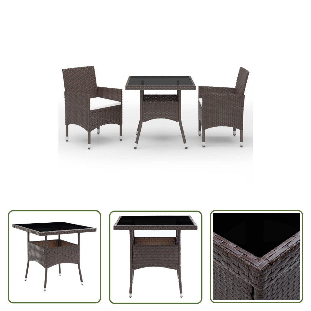 The Living Store 3-cz. zestaw mebli ogrodowych - brązowy - polirattan i szkło - Zestaw Jadalniany