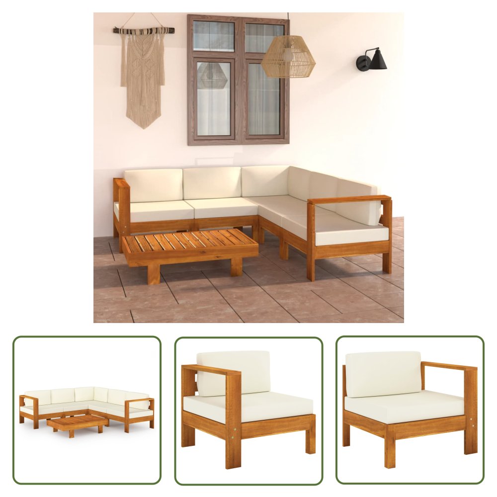 The Living Store 6-cz. zestaw wypoczynkowy do ogrodu - kremowe poduszki - akacja - Ogrodowy Zestaw Wypoczynkowy