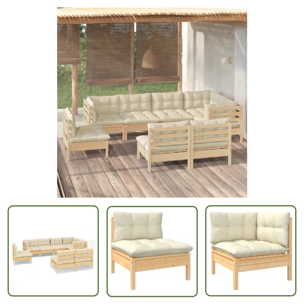 The Living Store 8-cz. zestaw wypoczynkowy do ogrodu - kremowe poduszki - sosnowy - Zestaw Wypoczynkowy Do Ogrodu