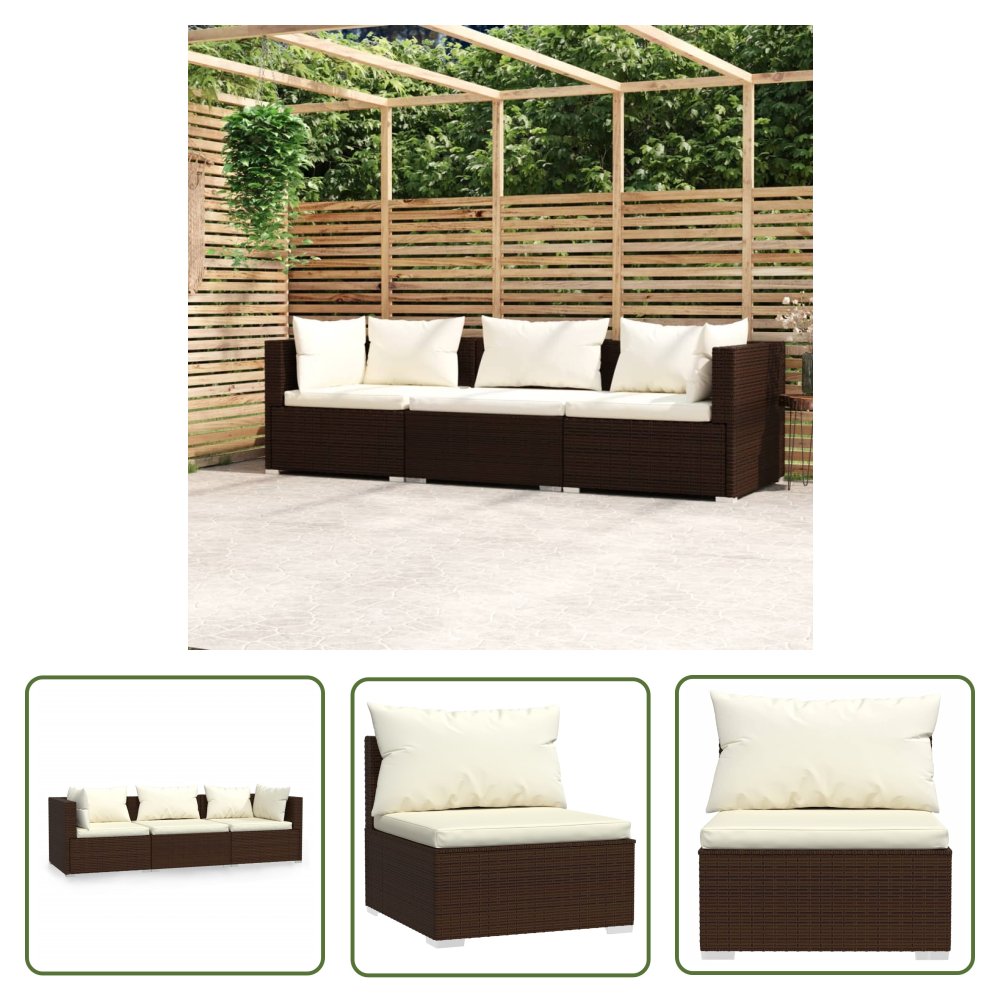 The Living Store 3-osobowa sofa z poduszkami - brązowa - polirattan - Meble Ogrodowe