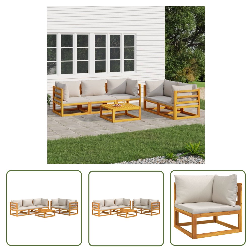 The Living Store 6-cz. ogrodowy zestaw wypoczynkowy - jasnoszare poduszki - drewno - Zestaw Wypoczynkowy Do Ogrodu