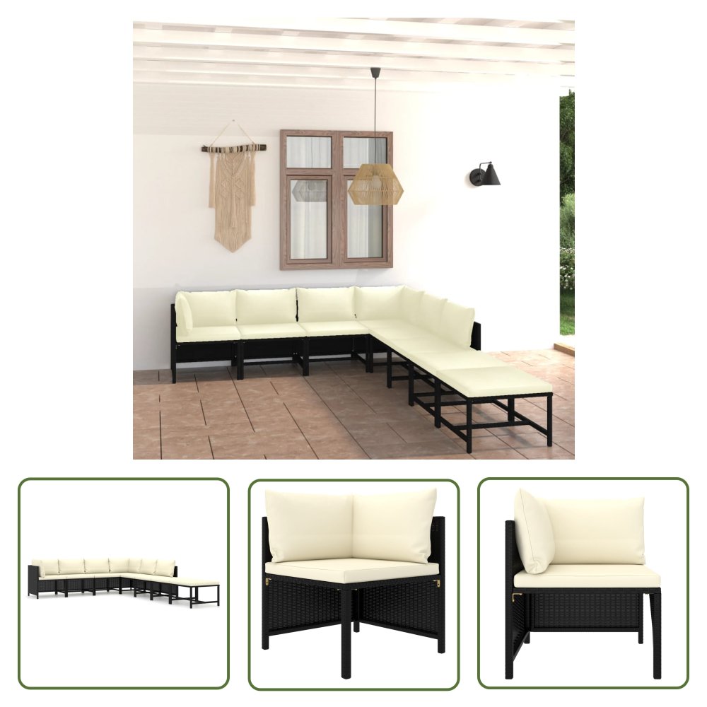 The Living Store 8-cz. zestaw wypoczynkowy do ogrodu - poduszki - rattan PE czarny - Ogrodowy Zestaw Wypoczynkowy