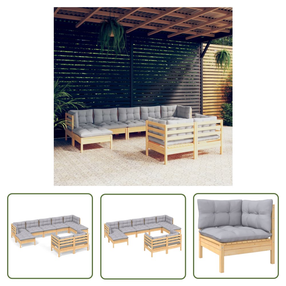 The Living Store 9-cz. zestaw wypoczynkowy do ogrodu - szare poduszki - sosna - Zestaw Wypoczynkowy Do Ogrodu