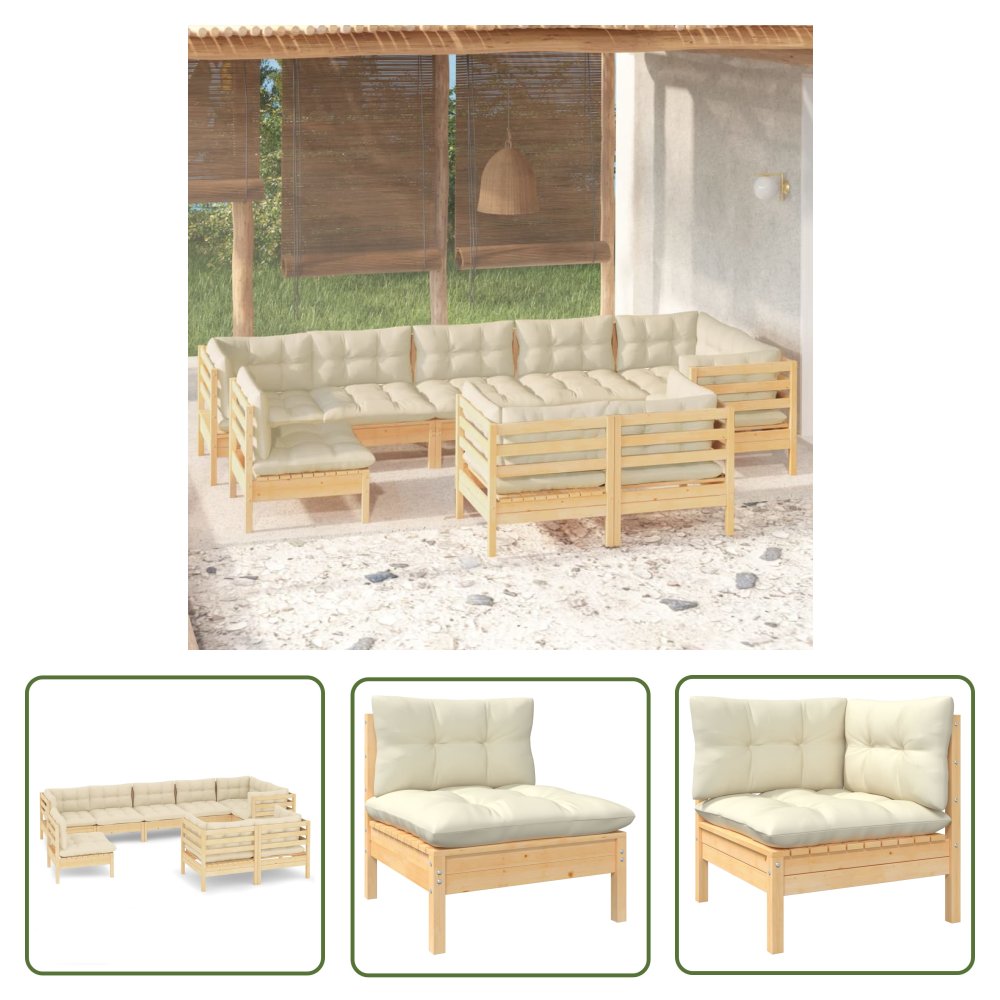 The Living Store 9-cz. zestaw wypoczynkowy do ogrodu - kremowe poduszki - sosnowy - Zestaw Wypoczynkowy Do Ogrodu