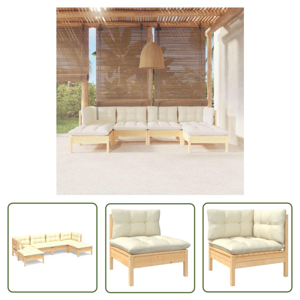 The Living Store 6-cz. zestaw wypoczynkowy do ogrodu - kremowe poduszki - sosnowy - Zestaw Wypoczynkowy Do Ogrodu