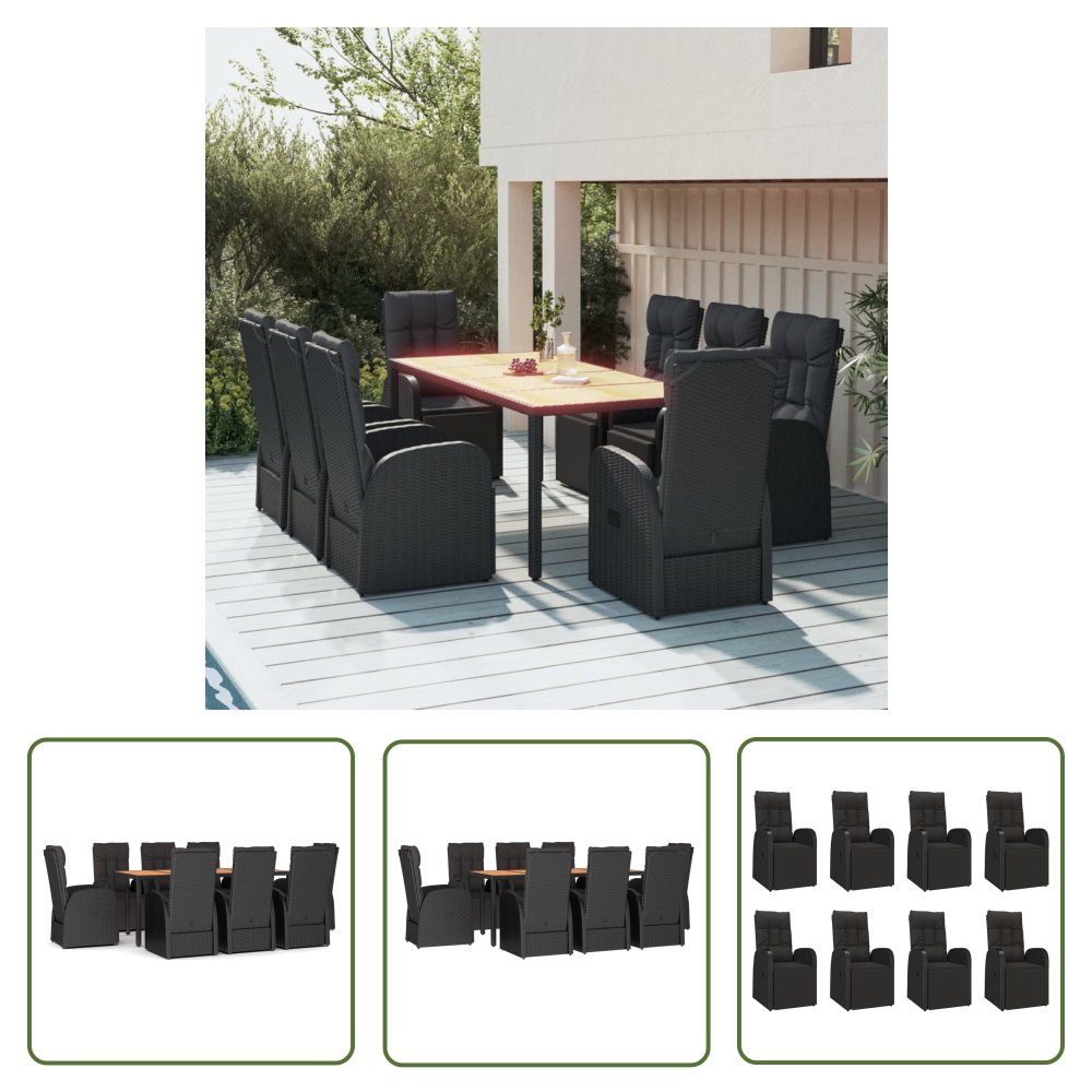 The Living Store 9-cz. zestaw mebli ogrodowych - czarny - polirattan i akacja - Zestaw Mebli Ogrodowych