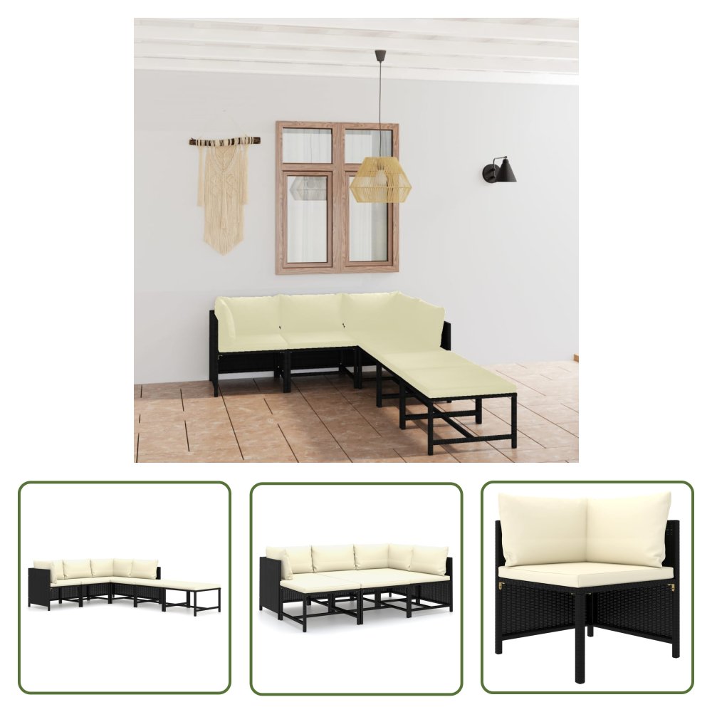 The Living Store 6-cz. zestaw wypoczynkowy do ogrodu - poduszki - rattan PE czarny - Ogrodowy Zestaw Wypoczynkowy