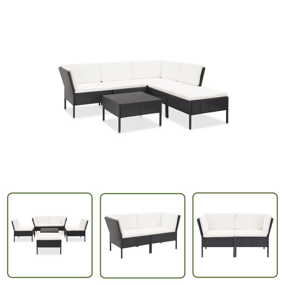 The Living Store 6-cz. zestaw mebli do ogrodu - z poduszkami - polirattan - czarny - Zestaw Wypoczynkowy Do Ogrodu