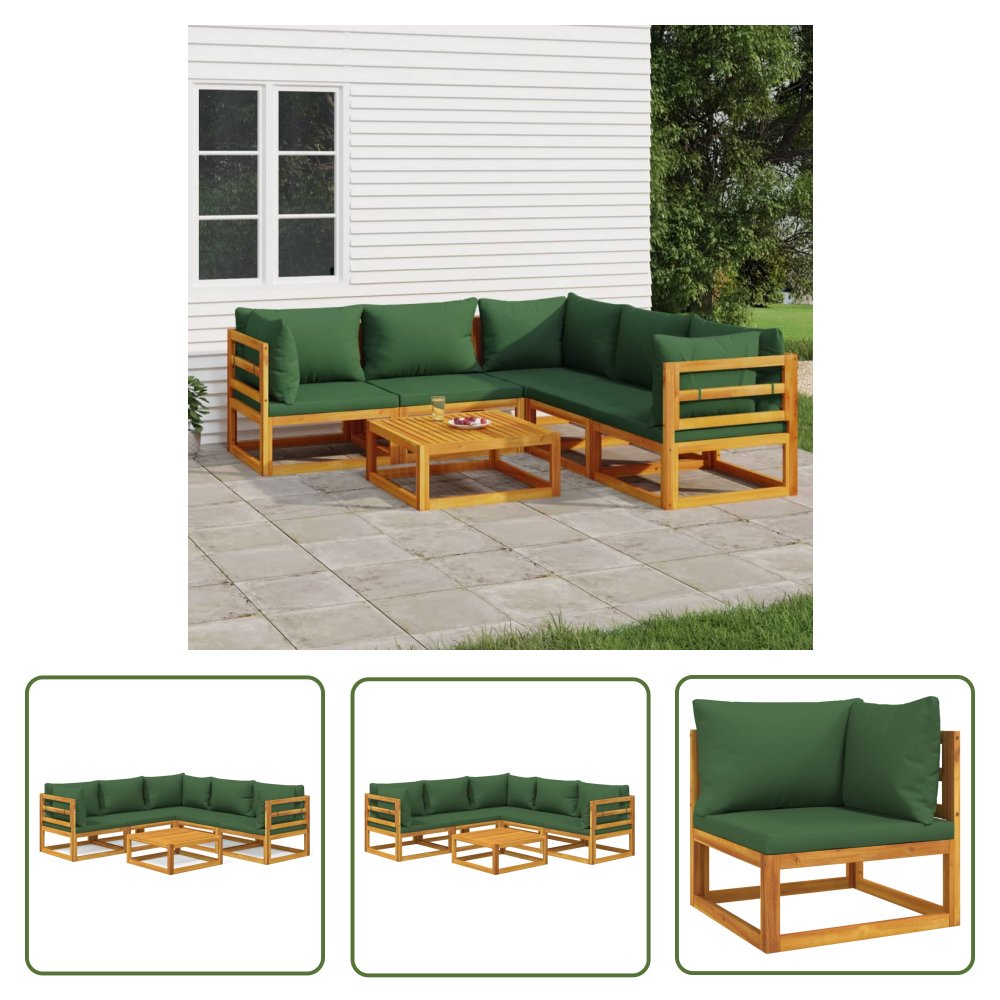 The Living Store 6-cz. zestaw wypoczynkowy do ogrodu - zielone poduszki - drewno - Zestaw Wypoczynkowy Do Ogrodu