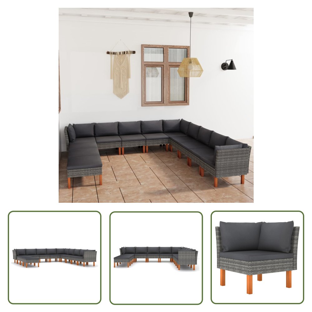 The Living Store 12-cz. zestaw wypoczynkowy do ogrodu - poduszki - szary rattan PE - Ogrodowy Zestaw Wypoczynkowy