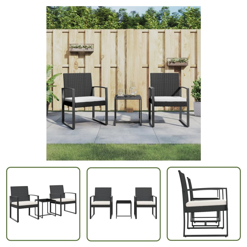The Living Store 3-cz. zestaw mebli ogrodowych z poduszkami - czarny - rattan PP - Zestaw Mebli Ogrodowych