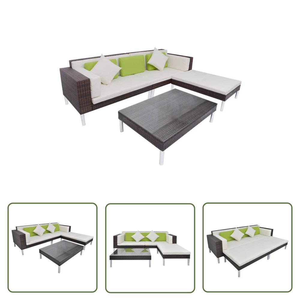 The Living Store 4-cz. zestaw wypoczynkowy do ogrodu - poduszki - rattan PE - brąz - Sofa Ogrodowa I Stół