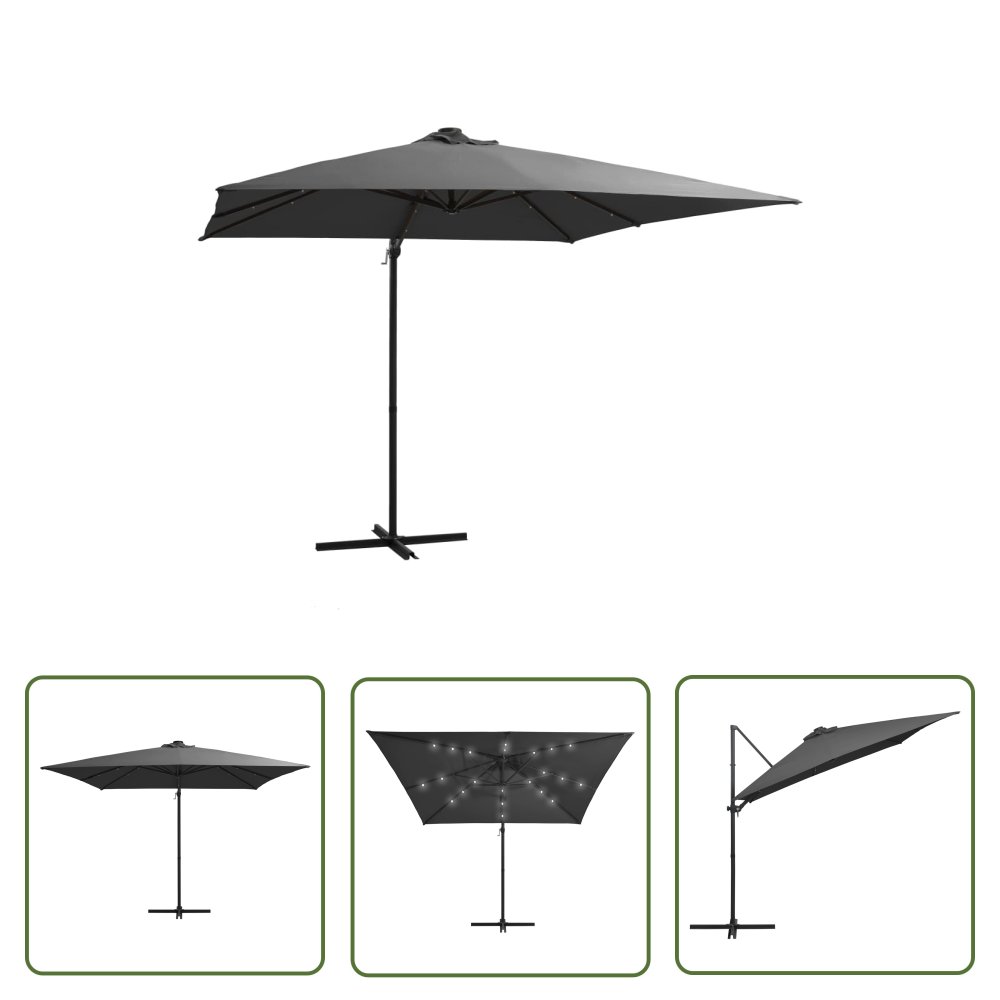 The Living Store Parasol wiszący z LED i stalowym słupkiem - 250x250 cm - antracyt - Parasol Wiszący