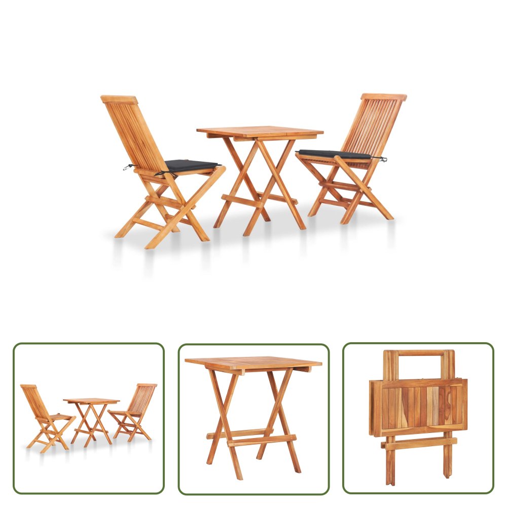 The Living Store 3-cz. zestaw mebli bistro - antracytowe poduszki - drewno tekowe - Zestaw Mebli Bistro