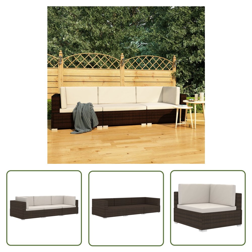 The Living Store 3-częściowa sofa do ogrodu - z poduszkami - polirattan - brązowa - Sofa Ogrodowa