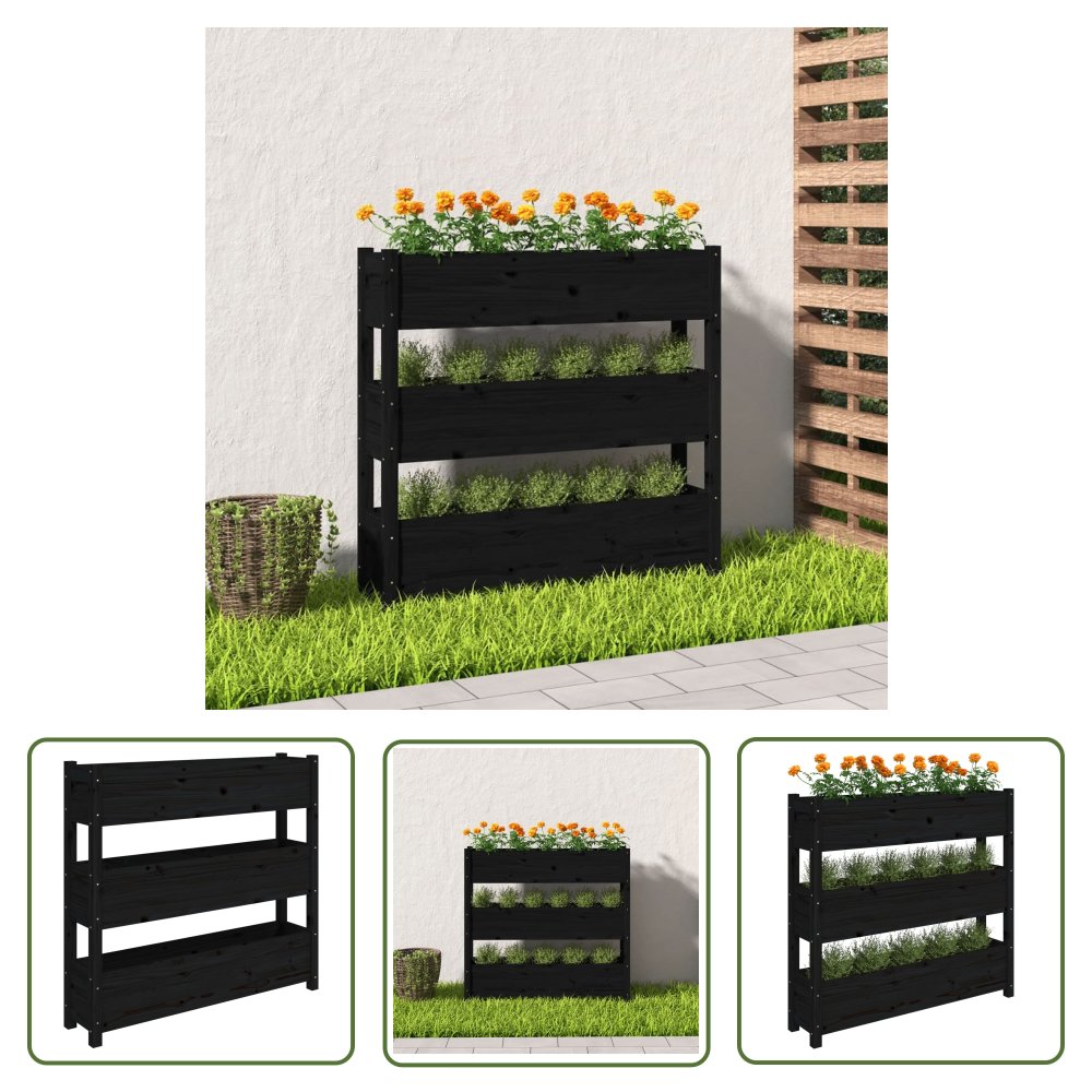 The Living Store Donica - czarna - 112x25x104 -5 cm - lite drewno sosnowe - Donica Ogrodowa