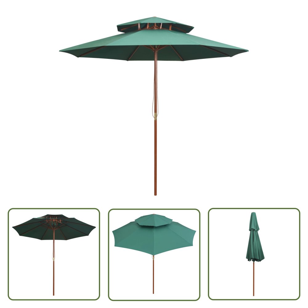 The Living Store Parasol z podwójnym daszkiem - 270x270 cm drewno - zielony - Parasol Ogrodowy
