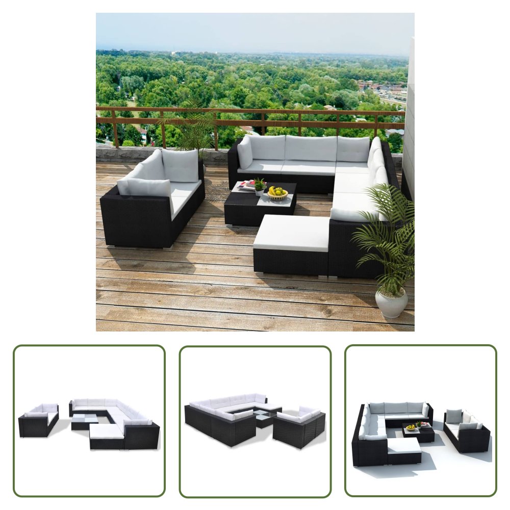 The Living Store 10-cz. zestaw mebli do ogrodu - poduszki - rattan PE - czarny - Sofa Ogrodowa I Stół