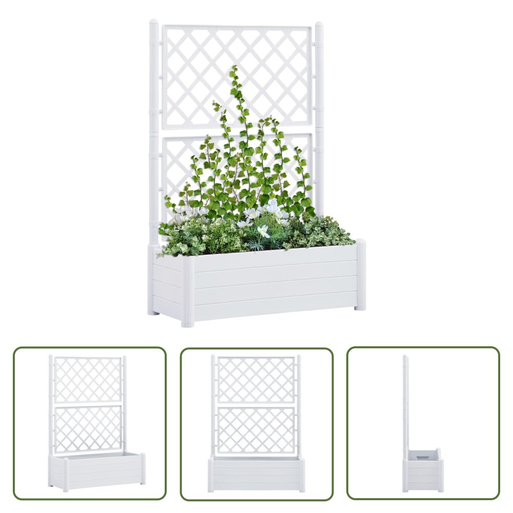 The Living Store Skrzynia na rośliny z trejażem - 100x43x142 cm - PP - biała - Donica Ogrodowa