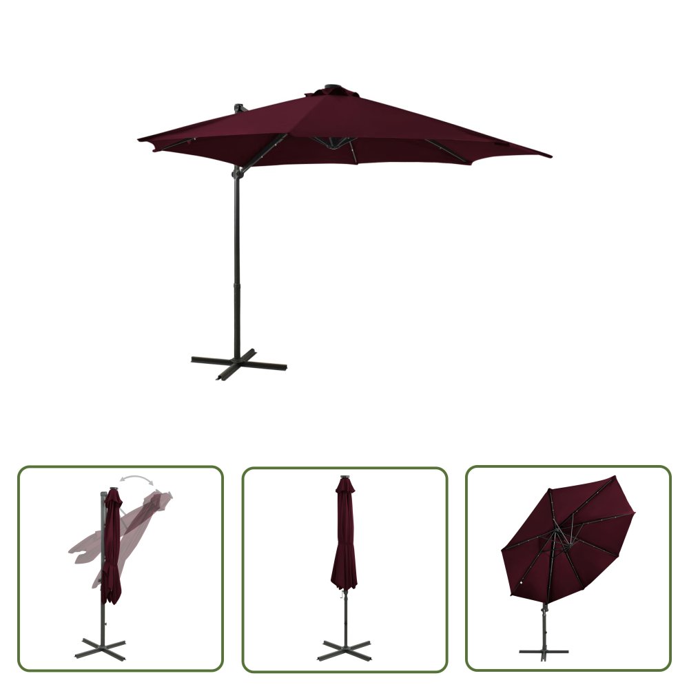 The Living Store Parasol wiszący z LED i słupkiem - bordowy - 300 cm - Parasol Wiszący