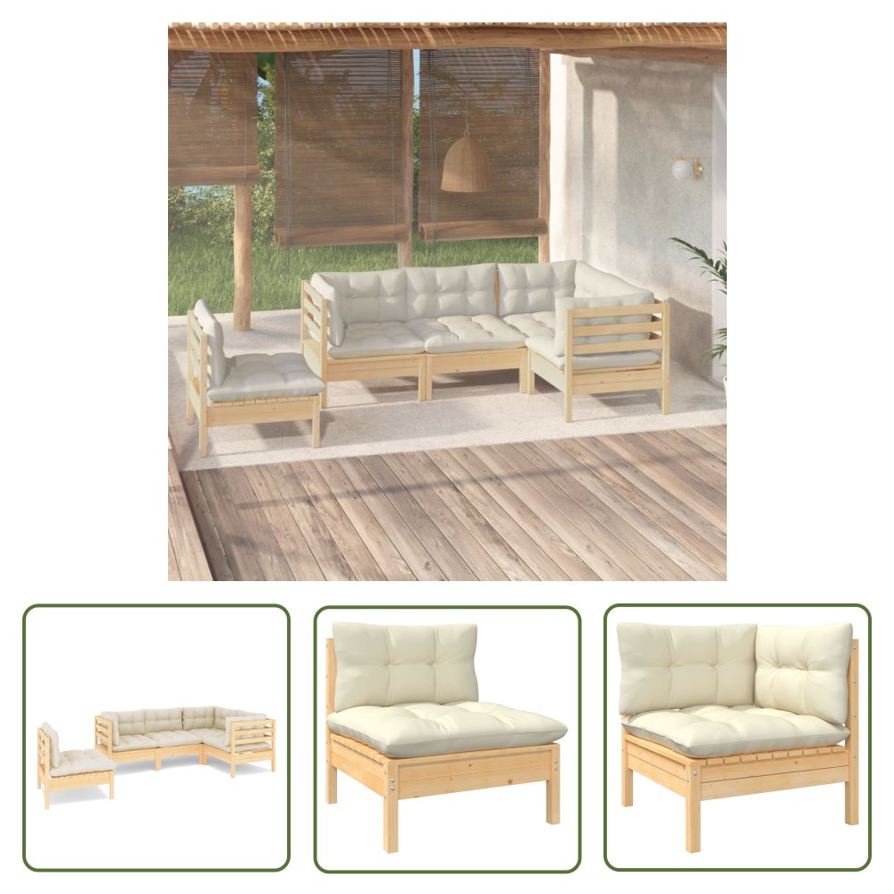 The Living Store 5-cz. zestaw wypoczynkowy do ogrodu - kremowe poduszki - sosnowy - Zestaw Wypoczynkowy Do Ogrodu