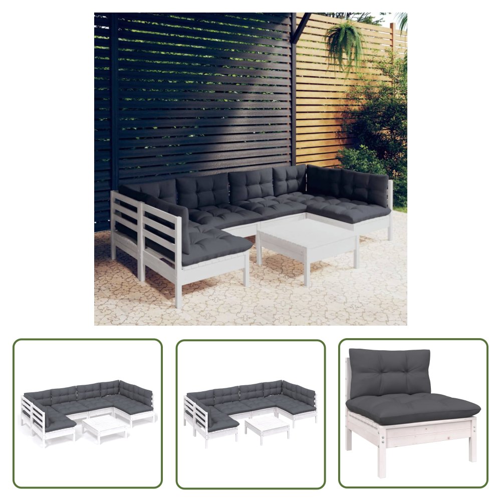 The Living Store 7-cz. zestaw wypoczynkowy do ogrodu - z poduszkami - biały - sosna - Zestaw Wypoczynkowy Do Ogrodu