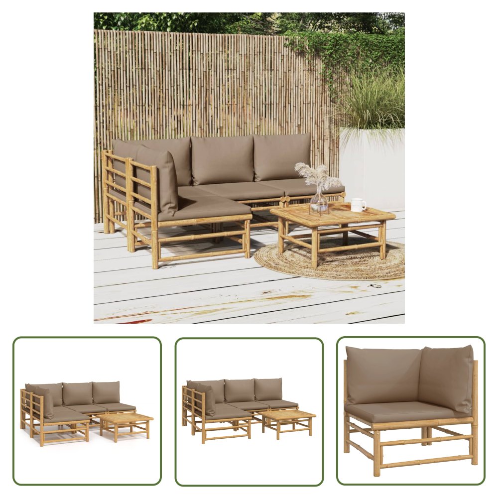 The Living Store 5-cz. zestaw mebli do ogrodu - poduszki w kolorze taupe - bambus - Zestaw Wypoczynkowy Do Ogrodu