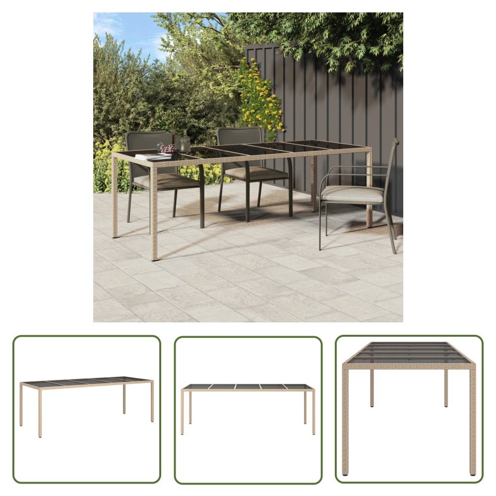 The Living Store Stół ogrodowy - beżowy - 250x100x75 cm - szkło i rattan PE - Stół