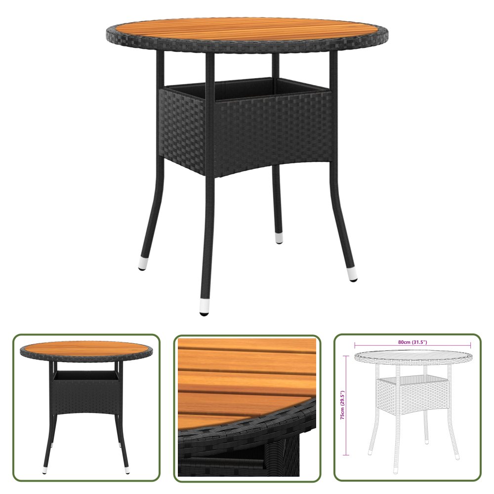 The Living Store Stolik ogrodowy - Ø80x75 cm - drewno akacjowe i rattan PE - czarny - Stół